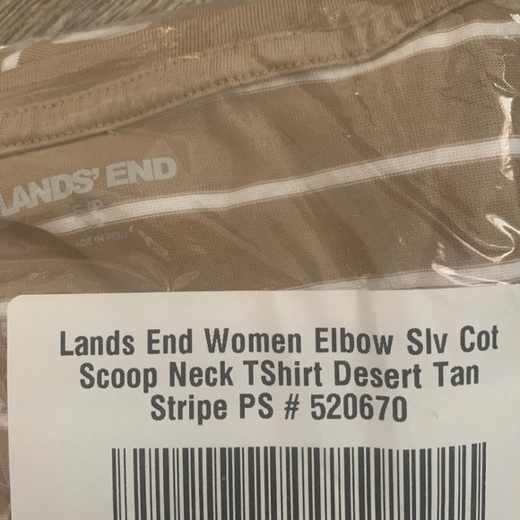 NWT LANDS' END WOMENS ELBOW SLEEVE COTTON SCOOP NECK SHIRT DESERT TAN STRIPE PS - Picture 3 of 5